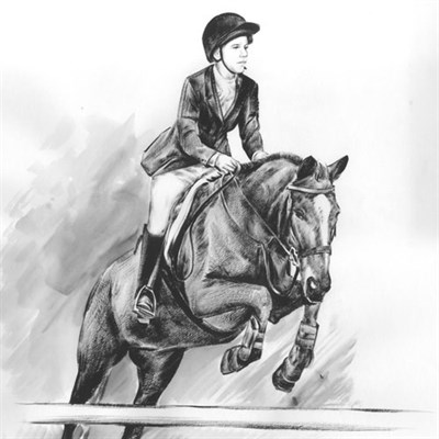 Hand Painted Ink Rendering of A Woman Riding A Horse in Equestrian Competition - myDaVinci